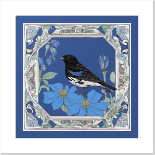 Lark Bunting And Colorado Blue Columbine In Decorative Border Posters and Art